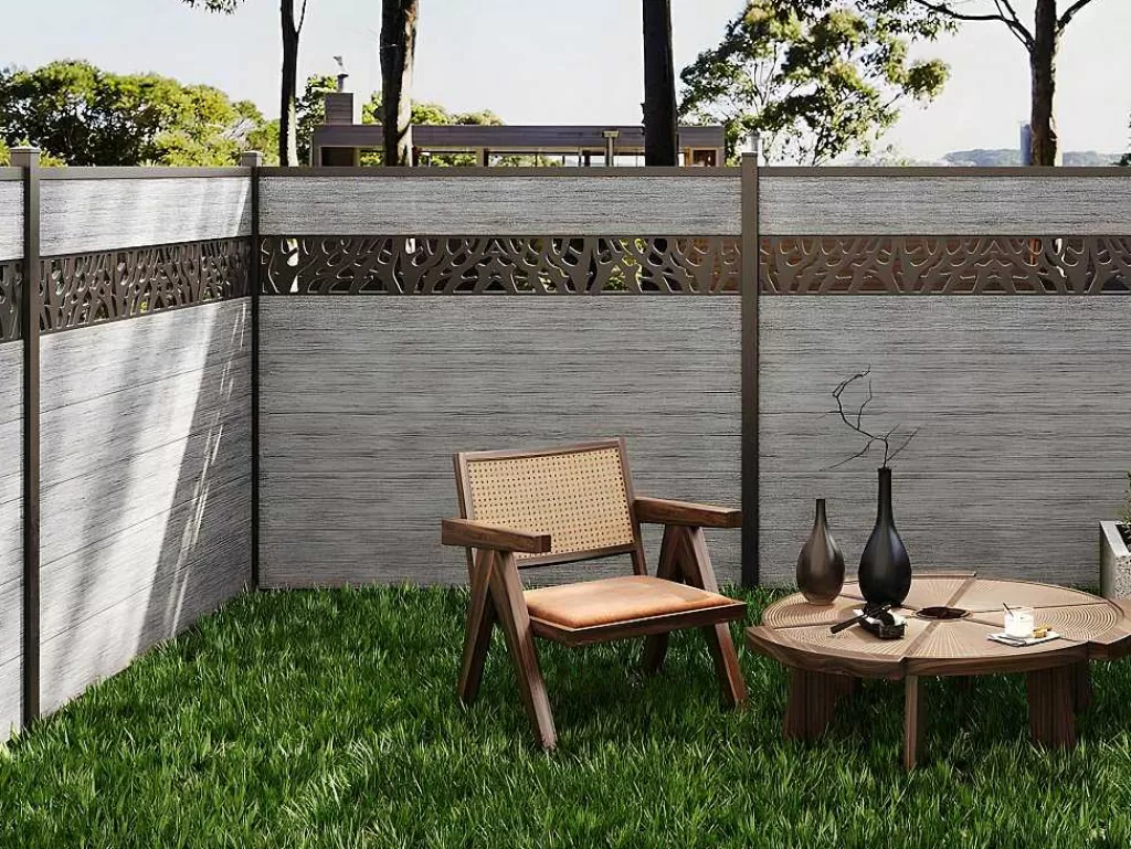Canico E Cerca*EXPERTLAND Paineis De Vedacao Para Enterrar A181 Cm, Kit De 7 Laminas Em Composito Com Decoração + 2 Postes Cinzento-Claro - Enola