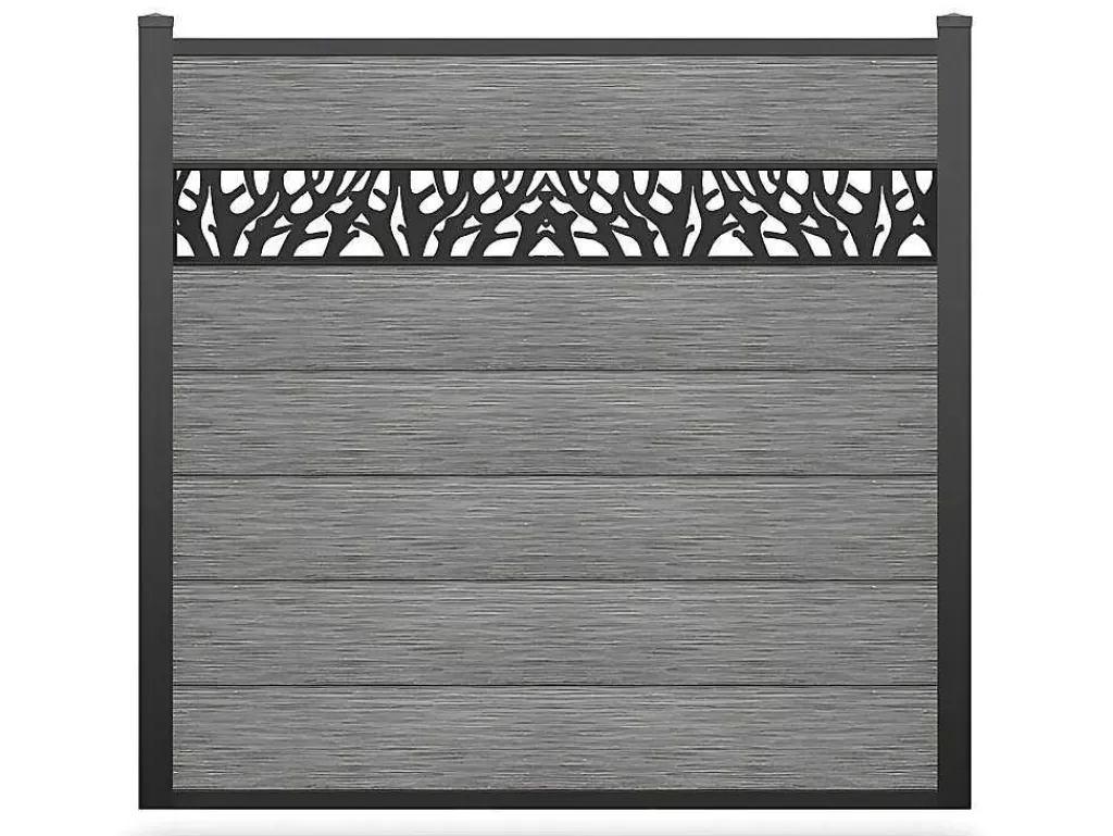 Canico E Cerca*EXPERTLAND Paineis De Vedacao Para Enterrar A181 Cm, Kit De 7 Laminas Em Composito Com Decoração + 2 Postes Cinzento-Claro - Enola