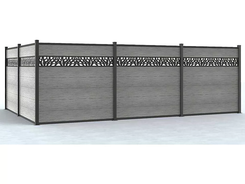 Canico E Cerca*EXPERTLAND Paineis De Vedacao Para Enterrar A181 Cm, Kit De 7 Laminas Em Composito Com Decoração + 2 Postes Cinzento-Claro - Enola