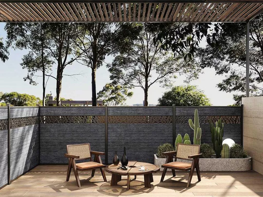 Canico E Cerca*EXPERTLAND Paineis De Vedacao Para Pousar A181 Cm, Kit De 7 Laminas Em Composito Com Decoração + 2 Postes Antracite - Enola
