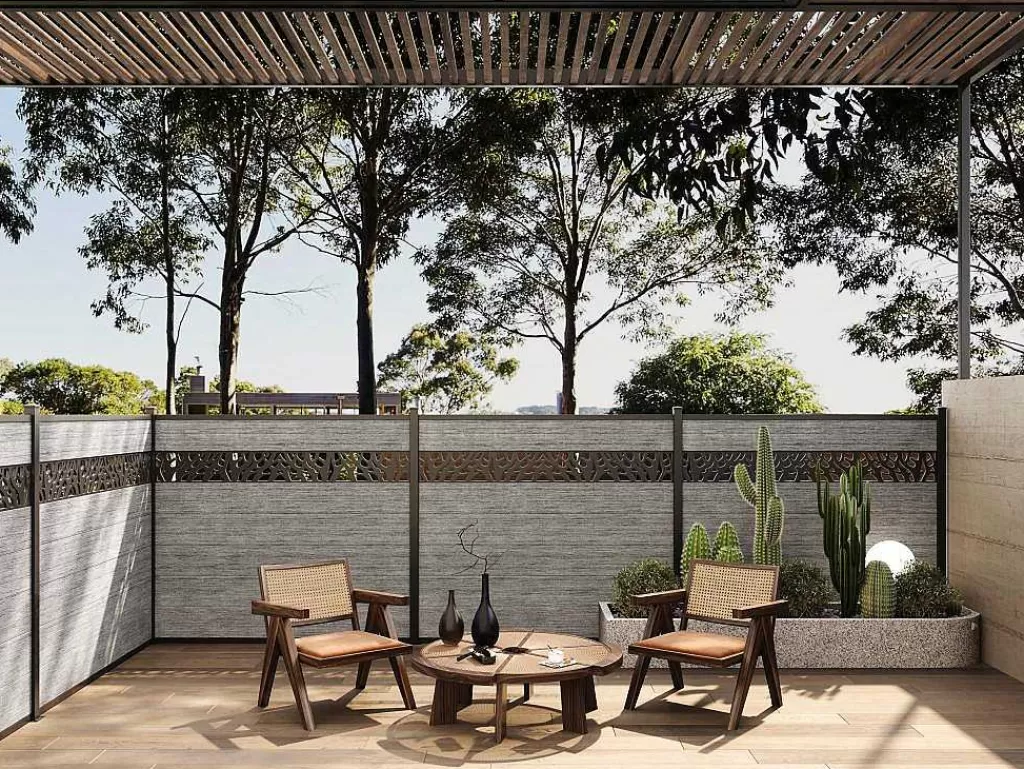 Canico E Cerca*EXPERTLAND Paineis De Vedacao Para Pousar A181 Cm, Kit De 7 Laminas Em Composito Com Decoração + 2 Postes Cinzento-Claro - Enola