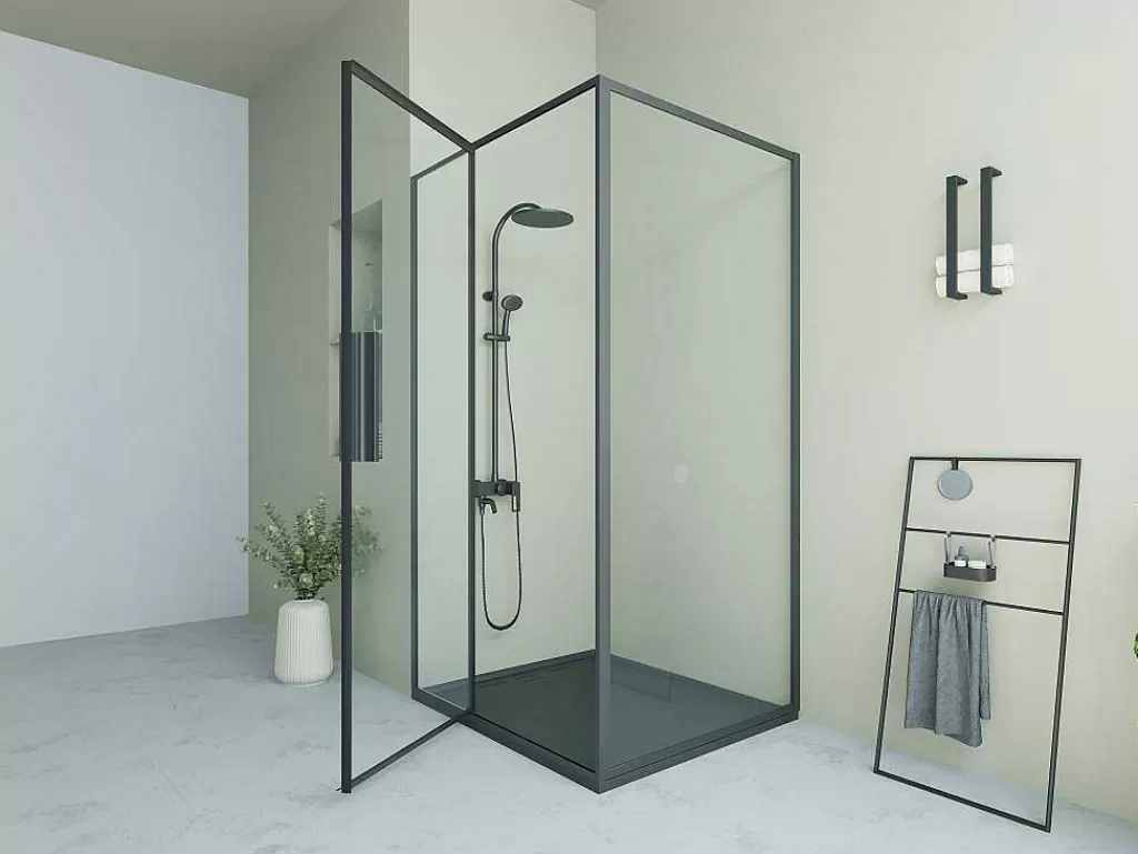 Painel De Duche*Shower & Design Painel De Duche Com Porta Giratoria Preto Fosco Estilo Industrial 120 X 80 X 195 Cm - Toroni
