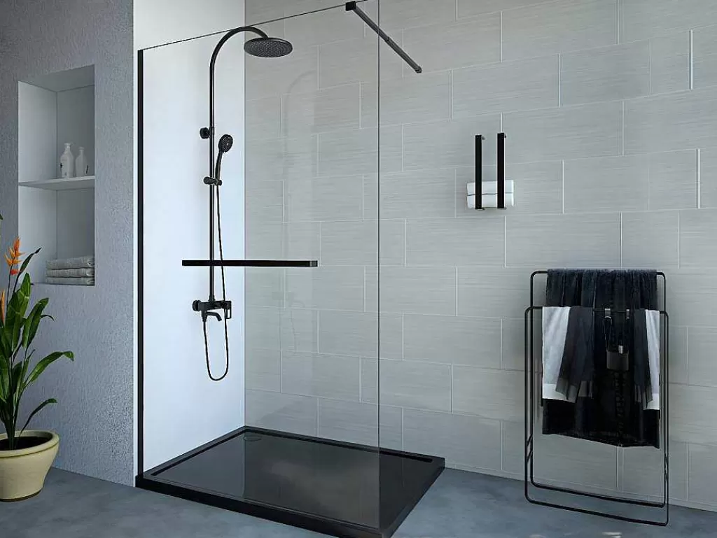 Painel De Duche*Shower & Design Painel De Duche Estilo Italiano Com Toalheiro 120 X 200 Cm Preto Mate Vidro Temperado - Kristen