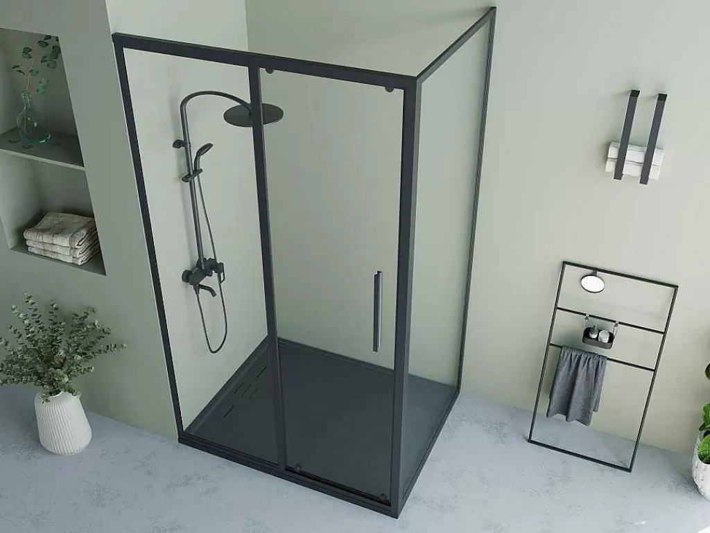 Painel De Duche*Shower & Design Painel De Duche Fixo Com Porta De Correr Preto Mate Estilo Industrial 120 X 80 X 195 Cm - Toroni