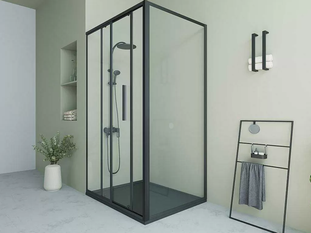 Painel De Duche*Shower & Design Painel De Duche Fixo Com Porta De Correr Preto Mate Estilo Industrial 120 X 80 X 195 Cm - Toroni