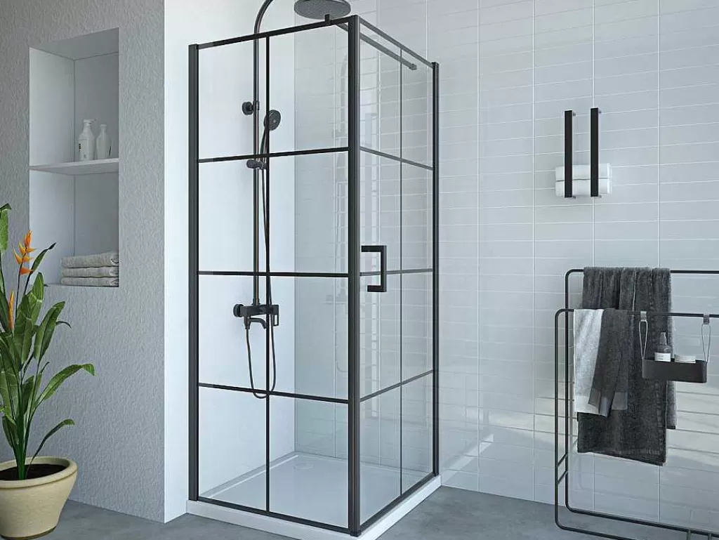 Painel De Duche*Shower & Design Painel De Duche Fixo Com Porta Giratoria Serigrafado Preto Mate 80 X 80 X 190 Cm - Caparica