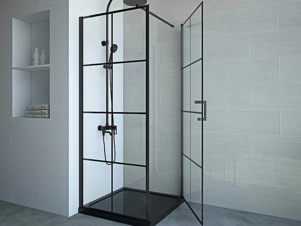 Painel De Duche*Shower & Design Painel De Duche Fixo Com Porta Giratoria Serigrafado Preto Mate 80 X 80 X 190 Cm - Caparica