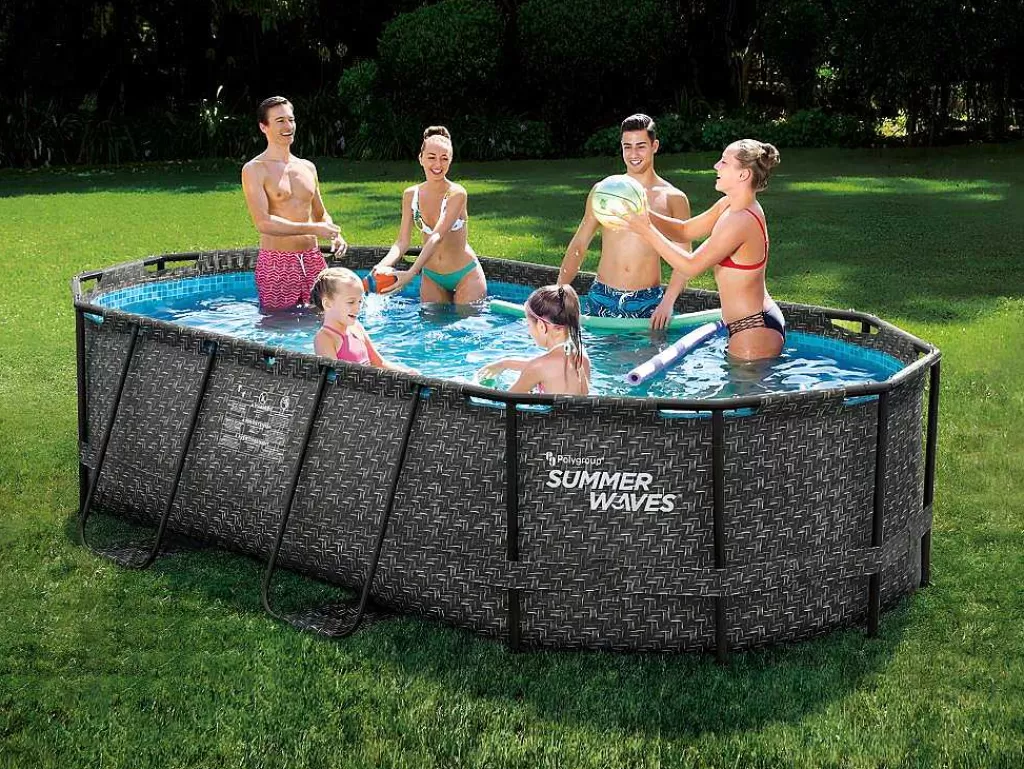 Piscina*Vente-unique Piscina Tubular Oval Efeito Sarja Em Ziguezague Cinzento-Escuro Com Bomba Filtradora De Cartucho C424 X L250 X A100 Cm - Salamanque
