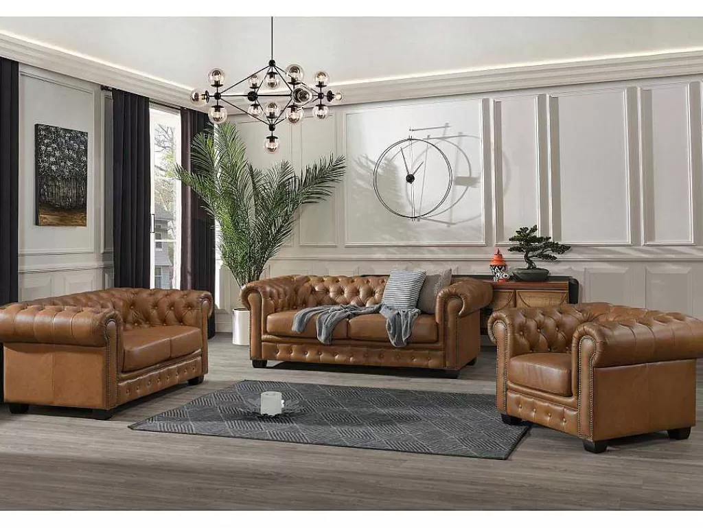 Poltrona Em Pele*LINEA Sofá Poltrona Chesterfield Brenton 100% Pele De Bufalo Superior Cor Caramelo Vintage