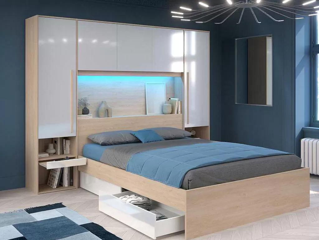 Cabeceira E Ponte De Cama*Vente-unique Ponte De Cama Com Espacos De Arrumação Com Leds C265 Cm Cor Branco Brilhante E Natural - Velona