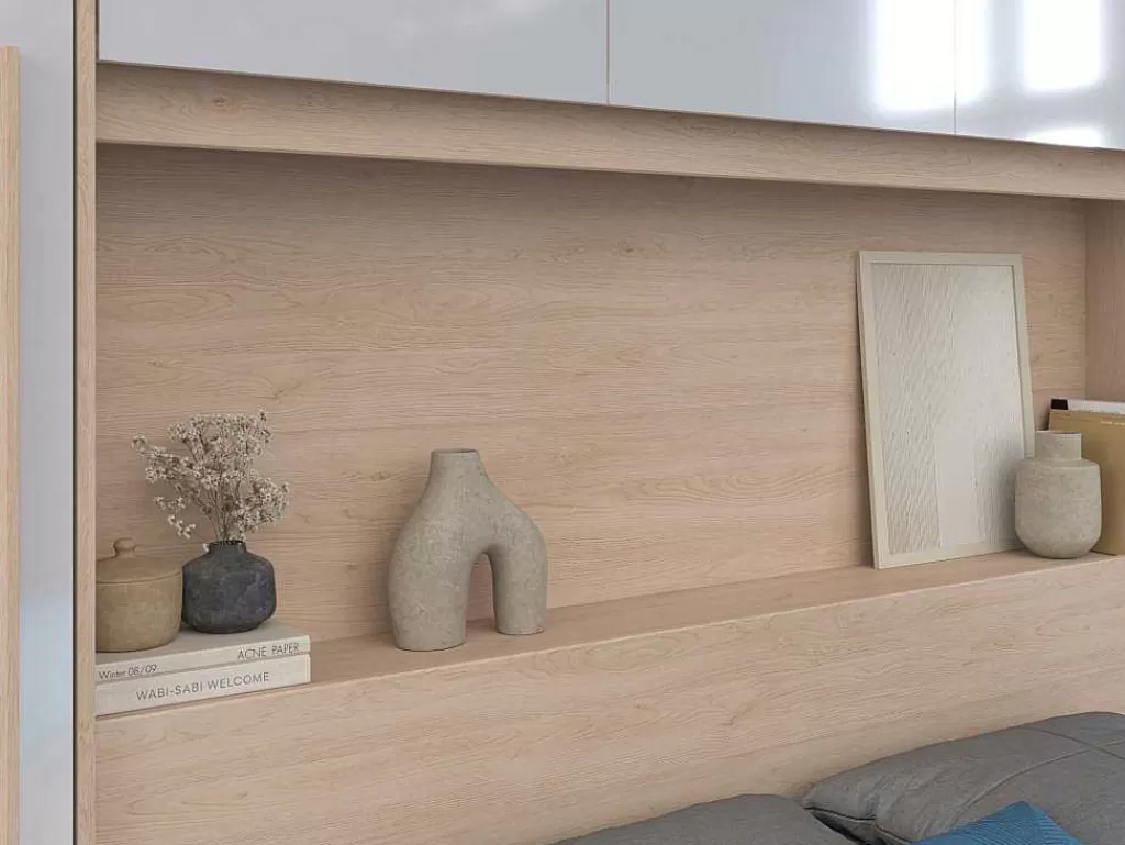 Cabeceira E Ponte De Cama*Vente-unique Ponte De Cama Com Espacos De Arrumação Com Leds C265 Cm Cor Branco Brilhante E Natural - Velona