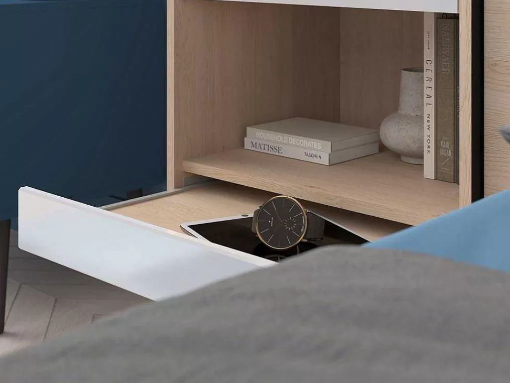 Cabeceira E Ponte De Cama*Vente-unique Ponte De Cama Com Espacos De Arrumação Com Leds C265 Cm Cor Branco Brilhante E Natural - Velona