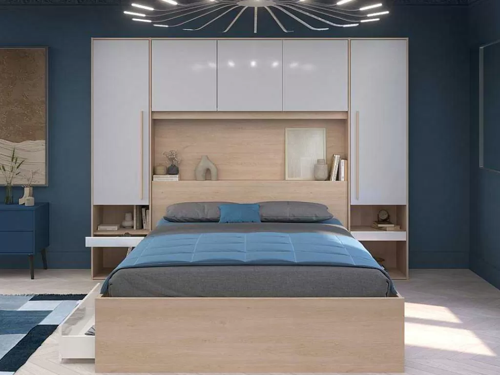 Cabeceira E Ponte De Cama*Vente-unique Ponte De Cama Com Espacos De Arrumação Com Leds C265 Cm Cor Branco Brilhante E Natural - Velona
