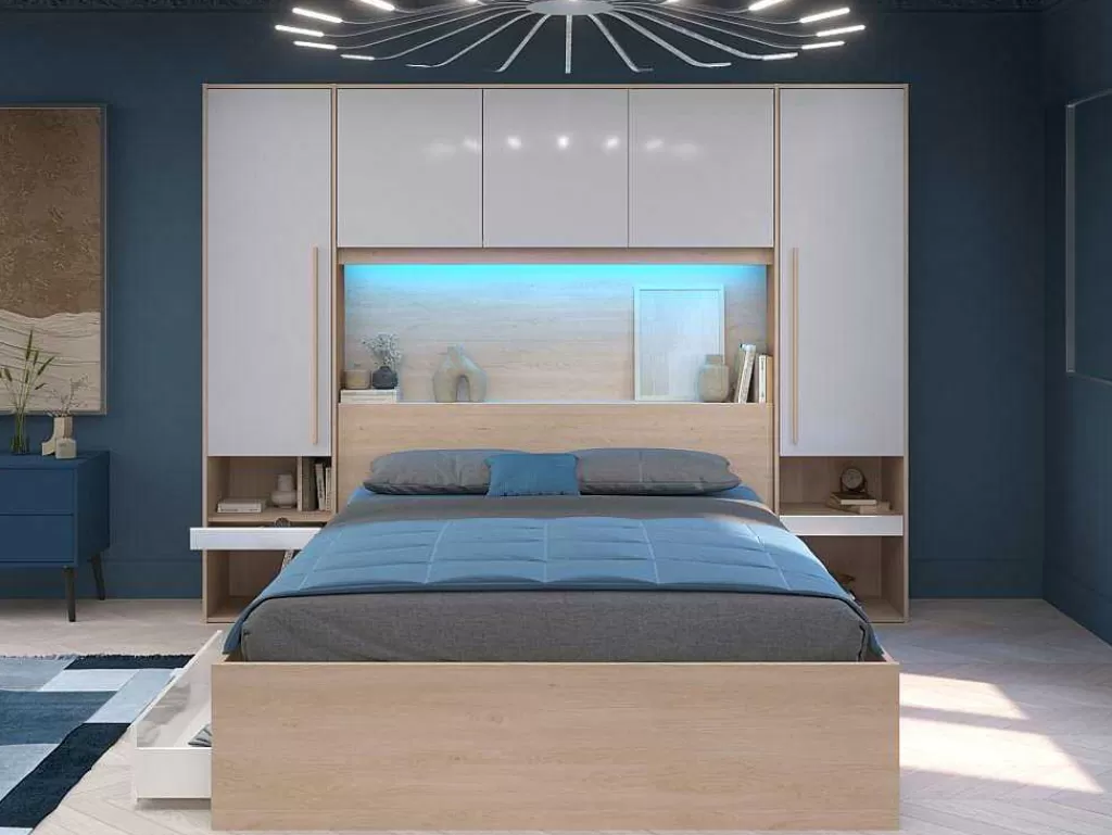 Cabeceira E Ponte De Cama*Vente-unique Ponte De Cama Com Espacos De Arrumação Com Leds C265 Cm Cor Branco Brilhante E Natural - Velona