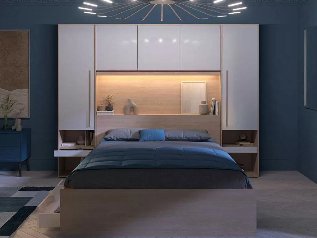 Cabeceira E Ponte De Cama*Vente-unique Ponte De Cama Com Espacos De Arrumação Com Leds C265 Cm Cor Branco Brilhante E Natural - Velona
