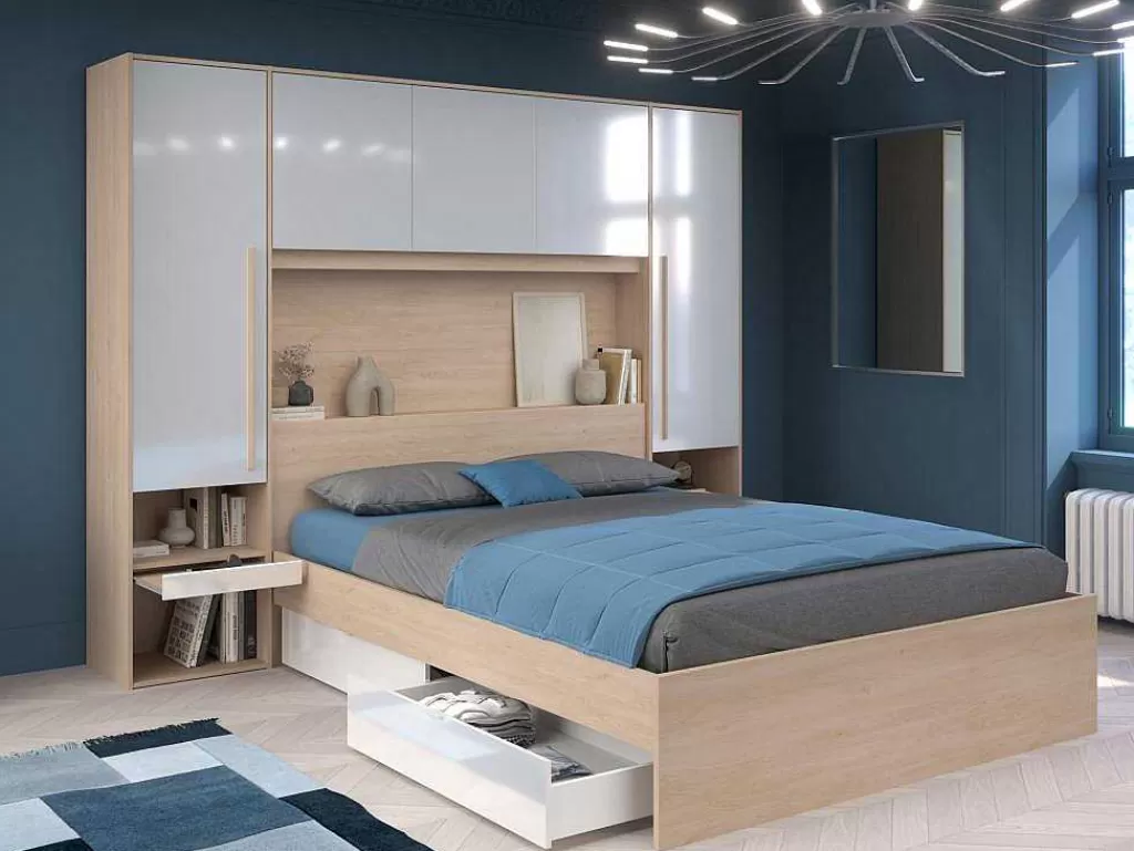 Cabeceira E Ponte De Cama*Vente-unique Ponte De Cama Com Espacos De Arrumação Com Leds C265 Cm Cor Branco Brilhante E Natural - Velona