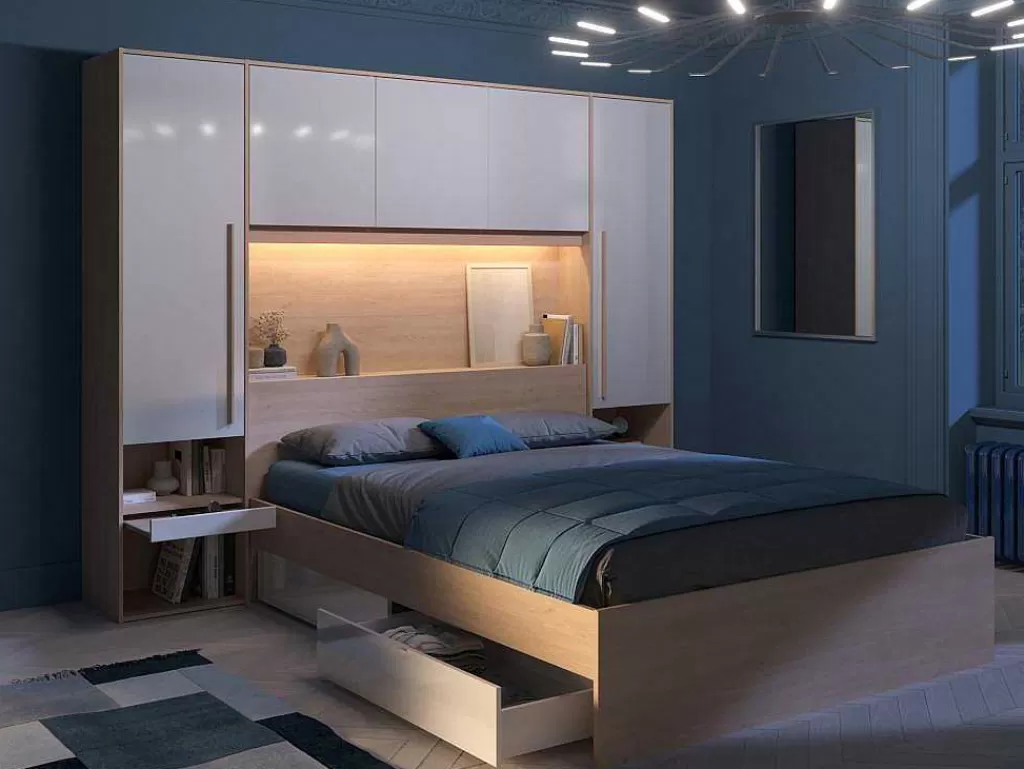 Cabeceira E Ponte De Cama*Vente-unique Ponte De Cama Com Espacos De Arrumação Com Leds C265 Cm Cor Branco Brilhante E Natural - Velona