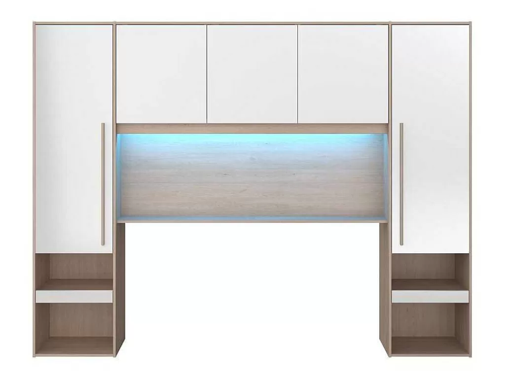Cabeceira E Ponte De Cama*Vente-unique Ponte De Cama Com Espacos De Arrumação Com Leds C265 Cm Cor Branco Brilhante E Natural - Velona