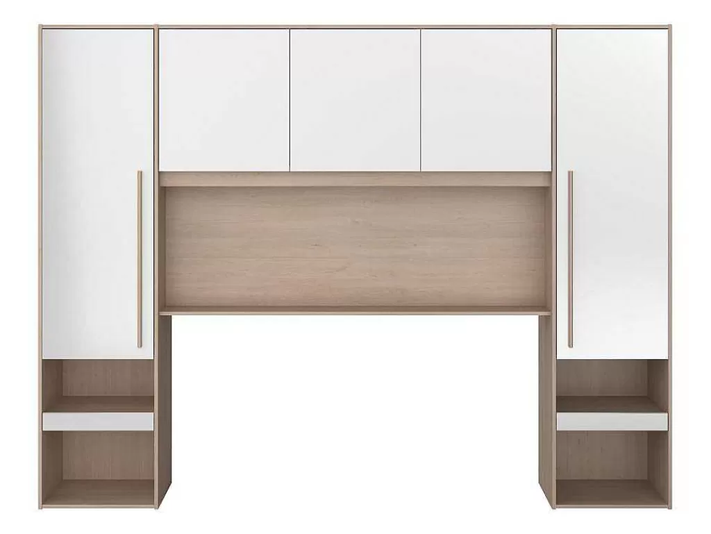 Cabeceira E Ponte De Cama*Vente-unique Ponte De Cama Com Espacos De Arrumação Com Leds C265 Cm Cor Branco Brilhante E Natural - Velona