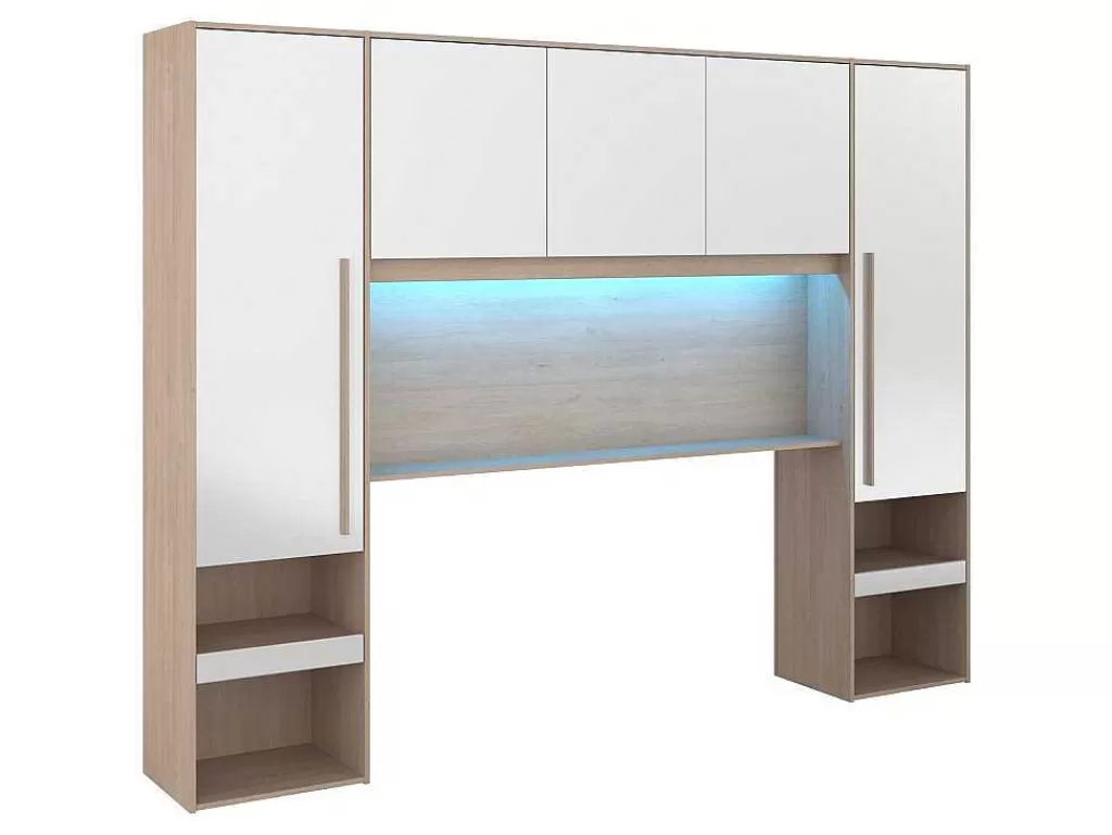Cabeceira E Ponte De Cama*Vente-unique Ponte De Cama Com Espacos De Arrumação Com Leds C265 Cm Cor Branco Brilhante E Natural - Velona