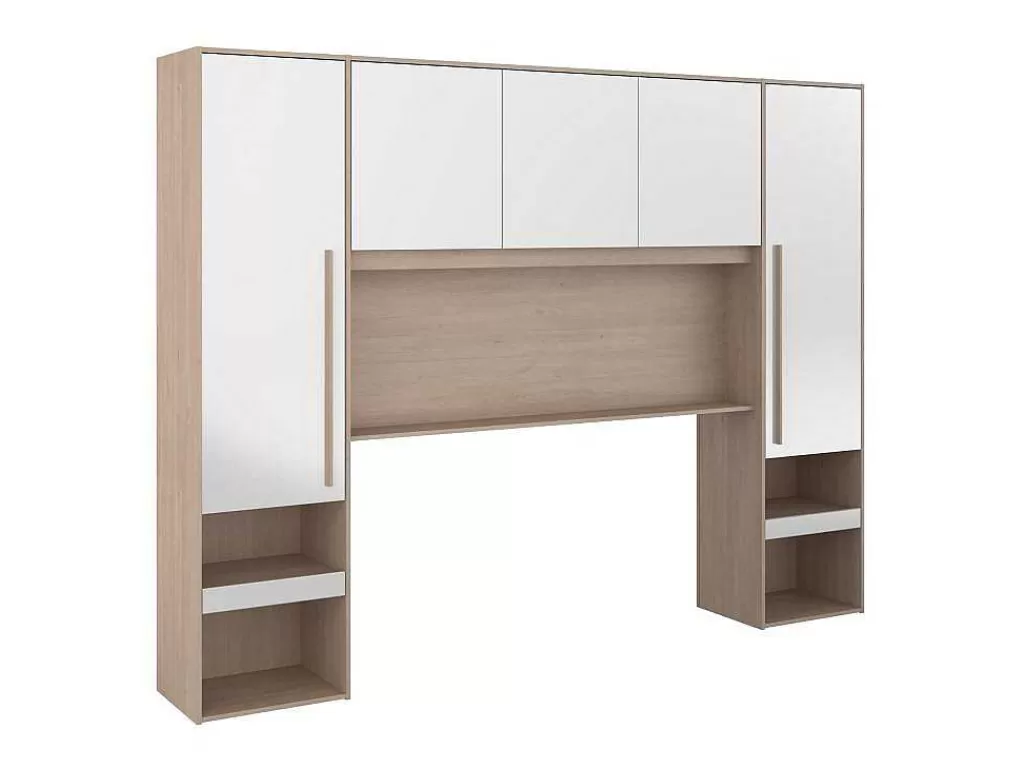 Cabeceira E Ponte De Cama*Vente-unique Ponte De Cama Com Espacos De Arrumação Com Leds C265 Cm Cor Branco Brilhante E Natural - Velona
