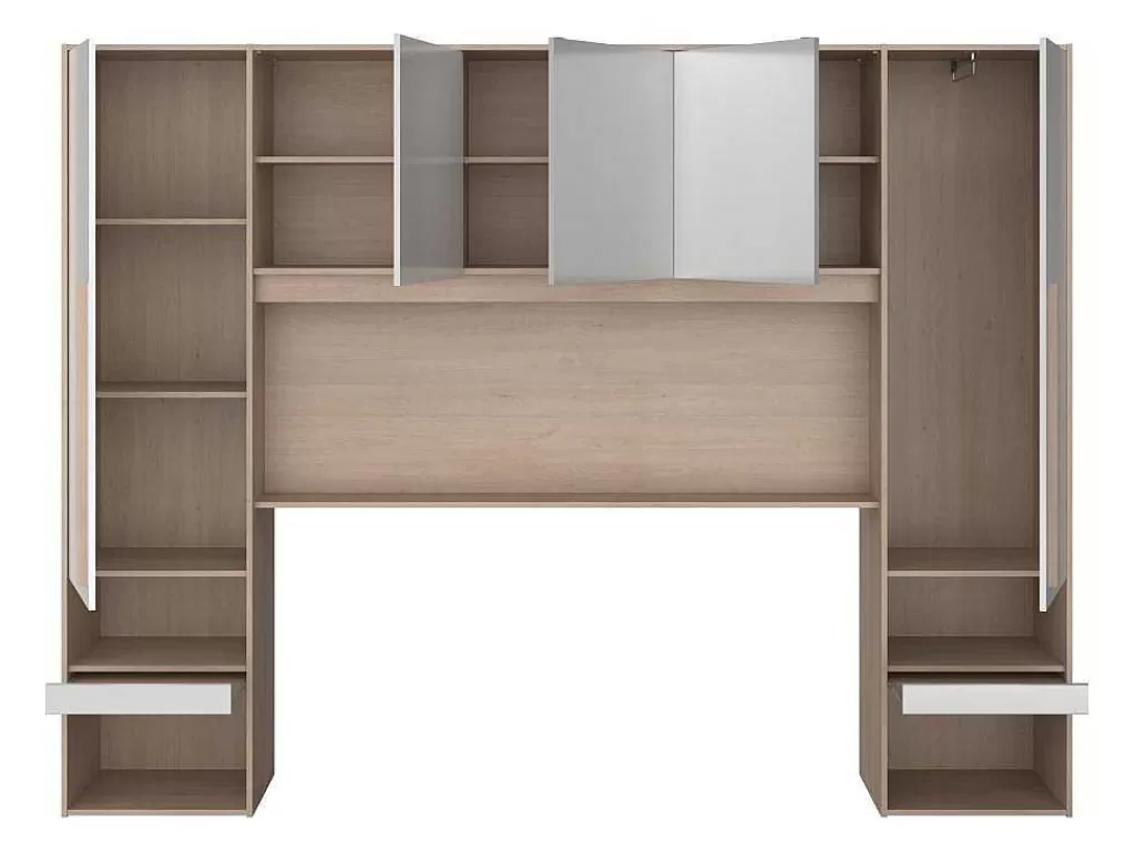 Cabeceira E Ponte De Cama*Vente-unique Ponte De Cama Com Espacos De Arrumação Com Leds C265 Cm Cor Branco Brilhante E Natural - Velona