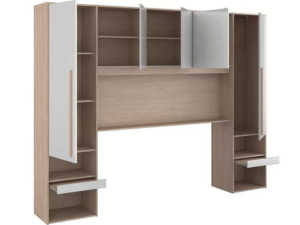 Cabeceira E Ponte De Cama*Vente-unique Ponte De Cama Com Espacos De Arrumação Com Leds C265 Cm Cor Branco Brilhante E Natural - Velona