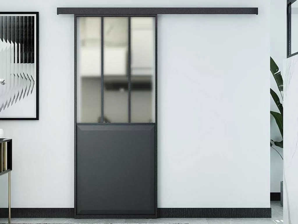 Porta De Correr*Vente-unique Porta De Correr Atelier Em Aplique Preto E Vidro Temperado Fosco, A205 X L73 Cm - Artisto