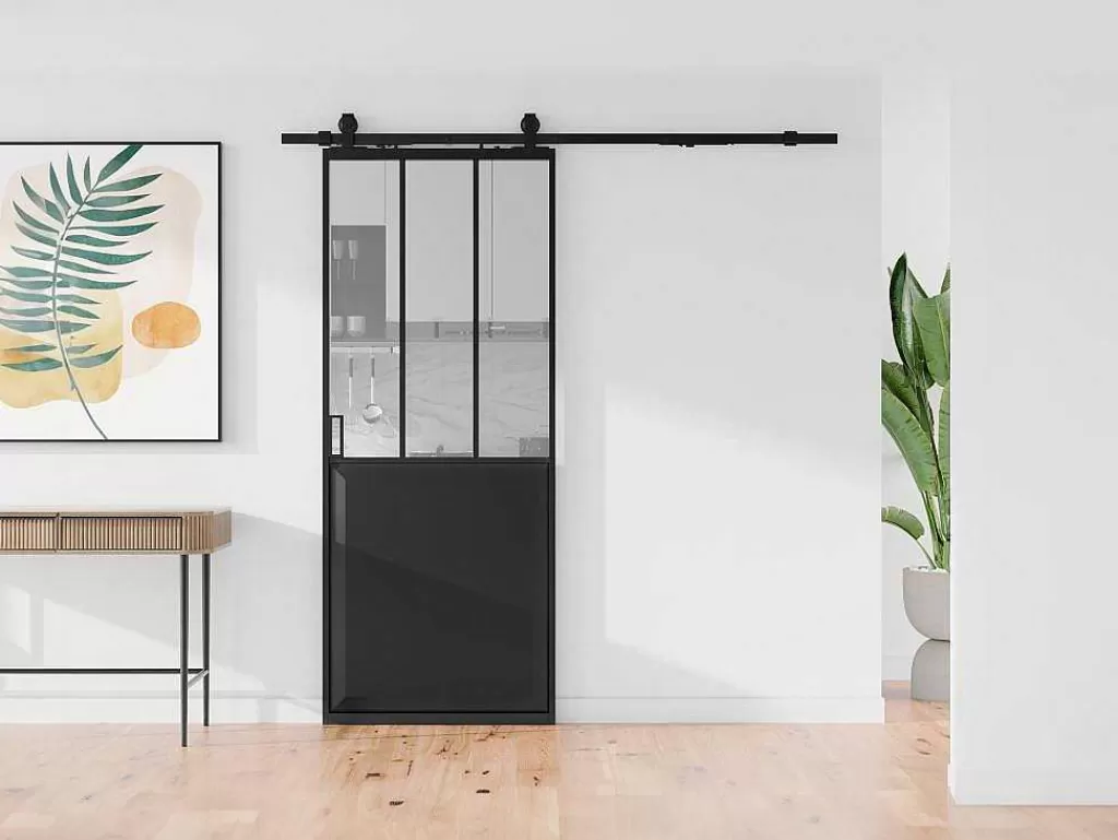 Porta De Correr*Vente-unique Porta De Correr De Atelier Com Trilho, Preto E Vidro Temperado A205 X L83 Cm - Artisto Ii