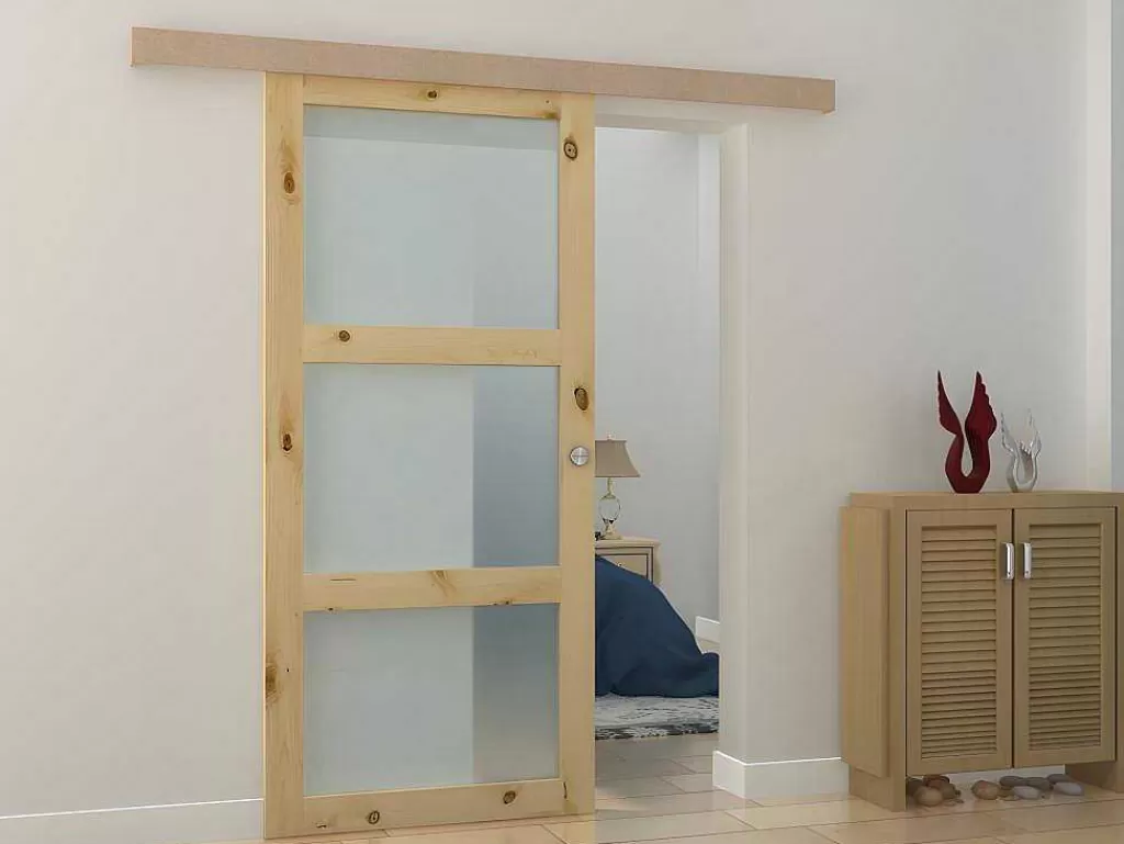 Porta De Correr*Vente-unique Porta De Correr Em Aplique Com 3 Vidros De A205 X C83 Cm Em Mdf Cor Madeira Natural - Acosta