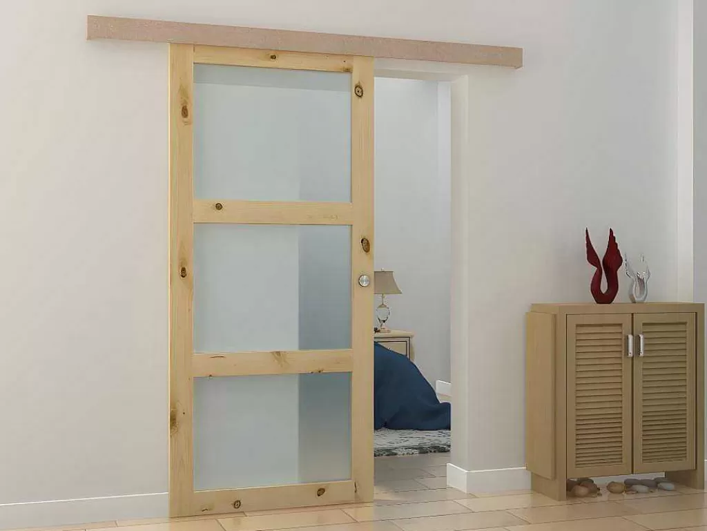 Porta De Correr*Vente-unique Porta De Correr Em Aplique Com 3 Vidros De A205 X C93 Cm Em Mdf Cor Madeira Natural - Acosta