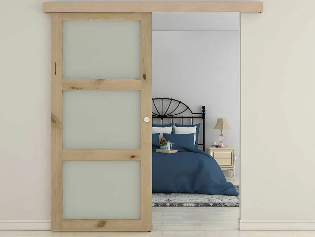 Porta De Correr*Vente-unique Porta De Correr Em Aplique Com 3 Vidros De A205 X C93 Cm Em Mdf Cor Madeira Natural - Acosta