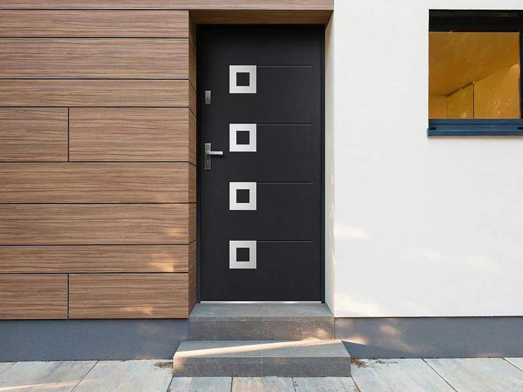 Porta De Entrada*Vente-unique Porta De Entrada Em Aco Envidracado Com Inox A207 X L100 Cm Antracite, Abertura Para A Direita - Tifana