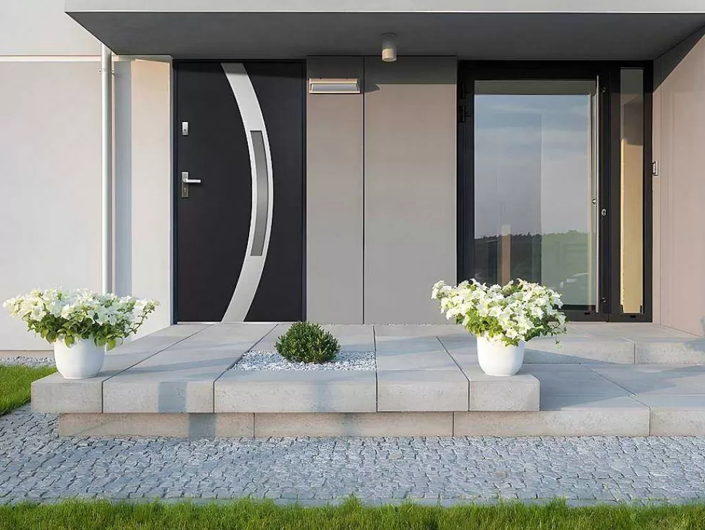 Porta De Entrada*Vente-unique Porta De Entrada Em Aco Envidracado Com Inox De A.207 X L.100 Cm Cor Antracite Com Abertura Para A Direita - Trofa