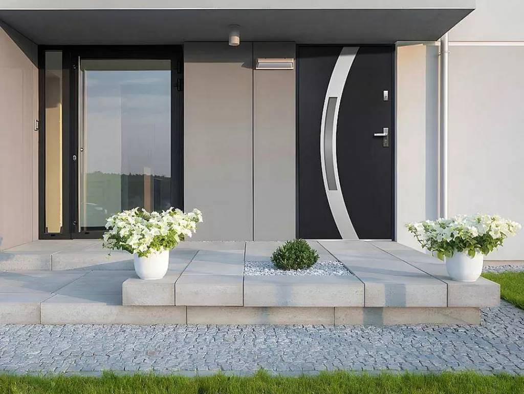 Porta De Entrada*Vente-unique Porta De Entrada Em Aco Envidracado Com Inox De A.207 X L.100 Cm Cor Antracite Com Abertura Para A Esquerda - Trofa