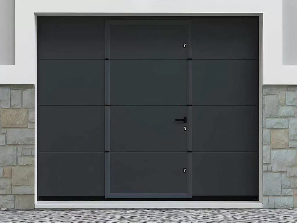 Porta De Garagem*Somfy Porta De Garagem Seccionada Efeito Liso Com Porta Central Antracite Com Motor - Lavega