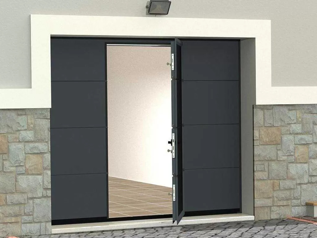 Porta De Garagem*Somfy Porta De Garagem Seccionada Efeito Liso Com Porta Central Antracite Com Motor - Lavega