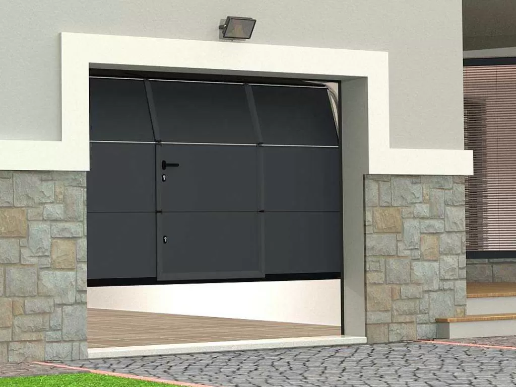 Porta De Garagem*Vente-unique Porta De Garagem Seccionada Efeito Liso Com Porta Central Antracite Motorizada - Lavega