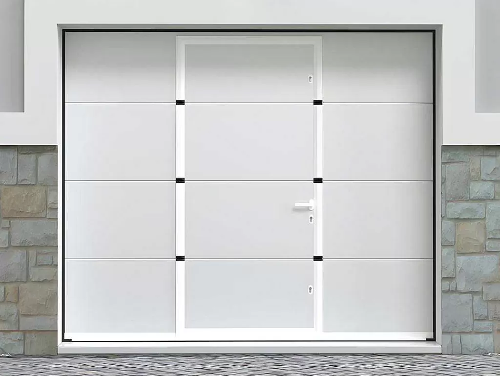 Porta De Garagem*Vente-unique Porta De Garagem Seccionada Efeito Liso Com Porta Central Branco Motorizado - Lavega