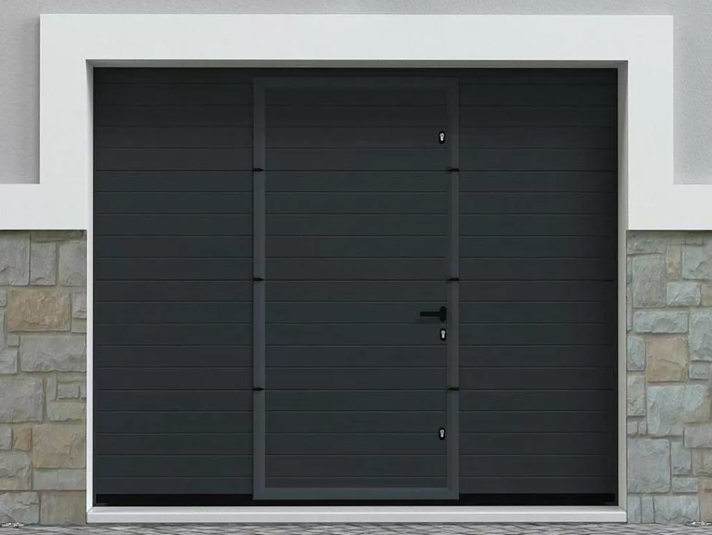 Porta De Garagem*Vente-unique Porta De Garagem Seccionada Efeito Ranhurado Com Porta Central Antracite Motorizada - Noria