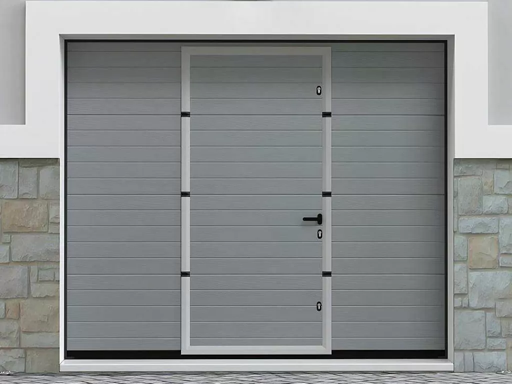 Porta De Garagem*Vente-unique Porta De Garagem Seccionada Efeito Ranhurado Com Porta Central Cinza Motorizada - Noria