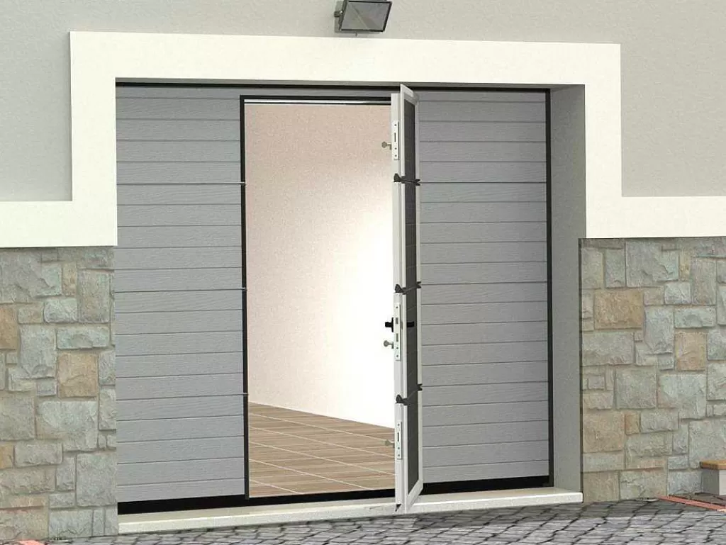 Porta De Garagem*Vente-unique Porta De Garagem Seccionada Efeito Ranhurado Com Porta Central Cinza Motorizada - Noria