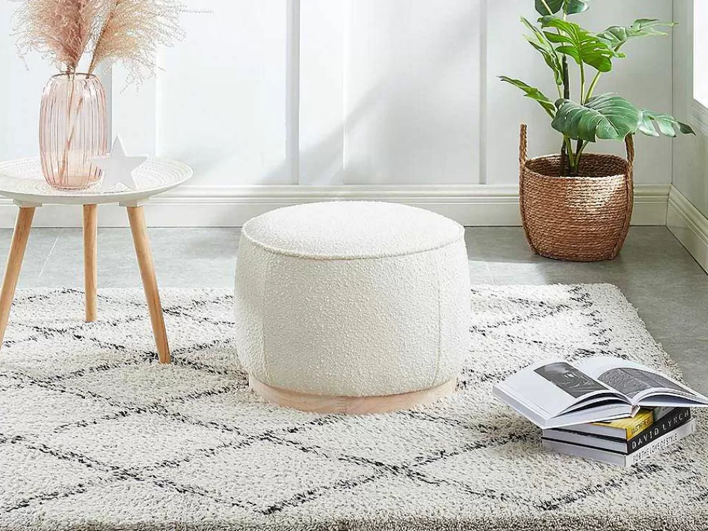 Puff*Vente-unique Pufe Em Tecido Boucle E Base Em Madeira Clara - Miloden