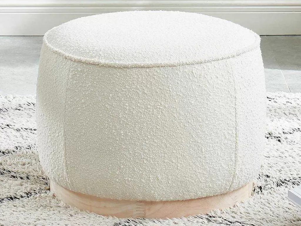 Puff*Vente-unique Pufe Em Tecido Boucle E Base Em Madeira Clara - Miloden