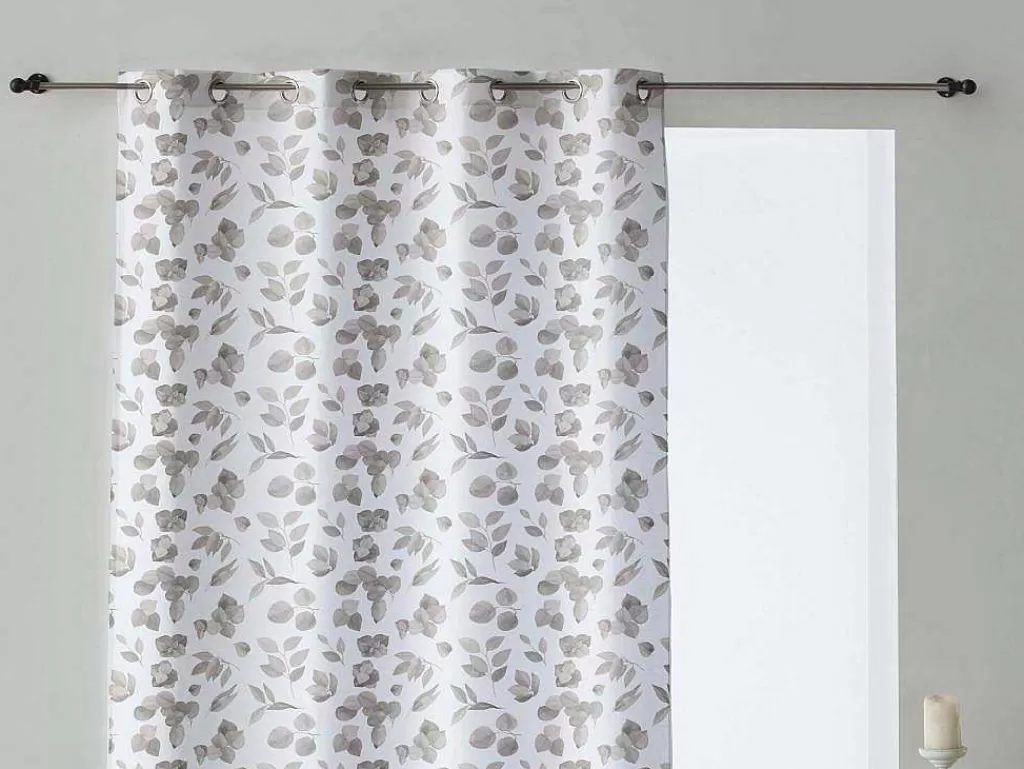 Têxtil De Casa*Purline Rideau 100% Coton 1 Piece Gris A Feuilles Vertes 200X260