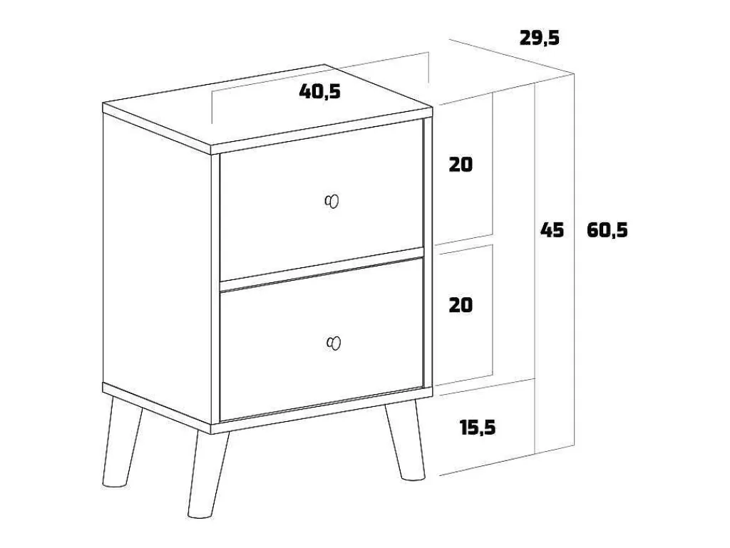 Móvel Para Quarto De Crianças*Frankystar Rocco - Mesa De Cabeceira De Design Em Madeira Com 2 Gavetas. Mesa De Cabeceira Contemporanea Com Pés Em Pinho Lacado.