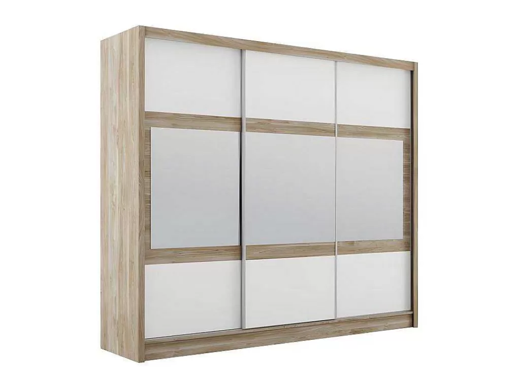Armário E Roupeiro*Vente-unique Roupeiro 3 Portas De Correr Com Espelho C250 Cm Cor Natural E Branco - Leovia