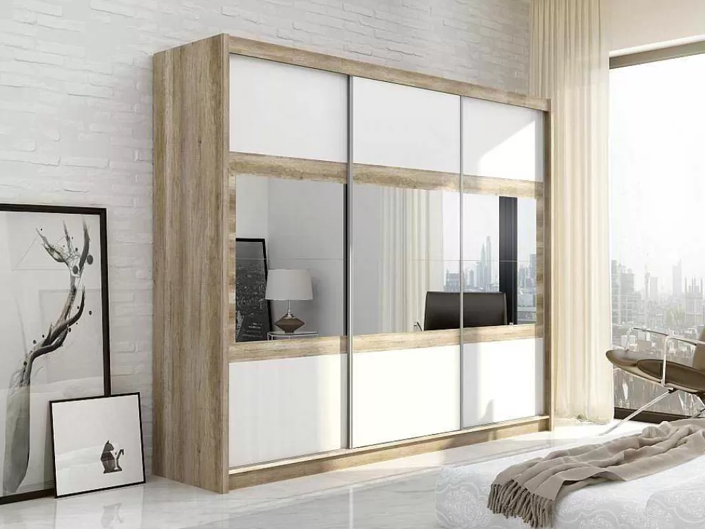 Armário E Roupeiro*Vente-unique Roupeiro 3 Portas De Correr Com Espelho C250 Cm Cor Natural E Branco - Leovia