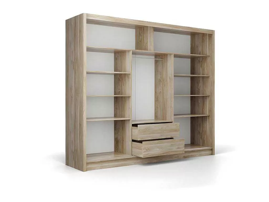 Armário E Roupeiro*Vente-unique Roupeiro 3 Portas De Correr Com Espelho C250 Cm Cor Natural E Branco - Leovia