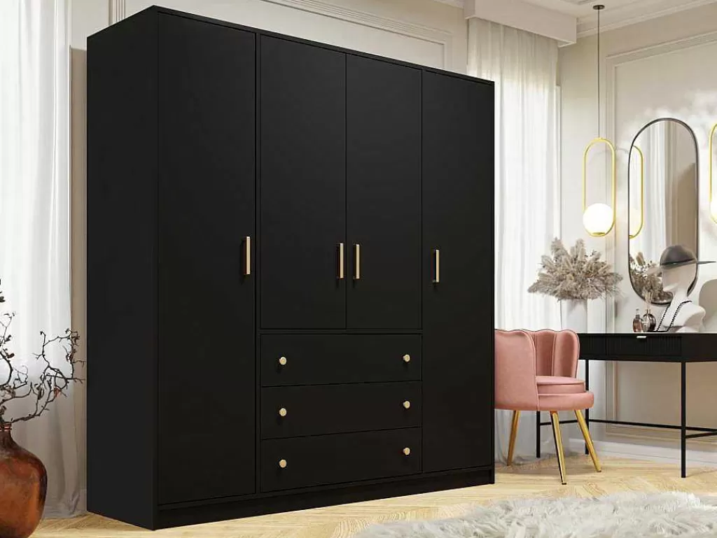 Armário E Roupeiro*Vente-unique Roupeiro 4 Portas E 3 Gavetas C196 Cm Preto - Lizandro